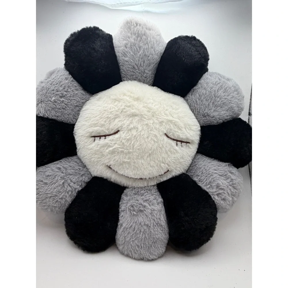 Takashi Murakami Style Flower‎ Plush Pillow Black Grey White Smiley Face Cushion